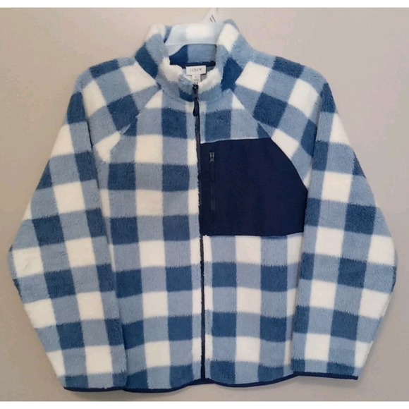 j crew woven Sherpa Blue White Full Zip‎ Check Plush Cozy Sweater Jacket Size L - Picture 1 of 7